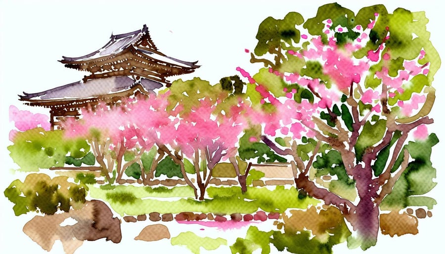 A serene Japanese garden with cherry blossoms in full bloom and Japanese temple far away